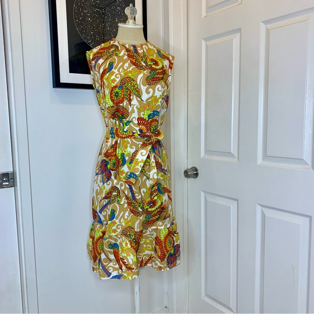 Gorgeous Vibrant Vintage LIBERTY CIRCLE Abstract Bird Print Belted Sheath Dress